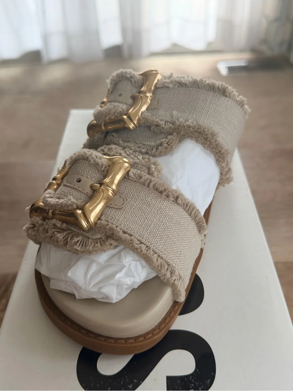 SCHUTZ Beige Canvas Double-Buckle Slide Sandal with Gold Buckles